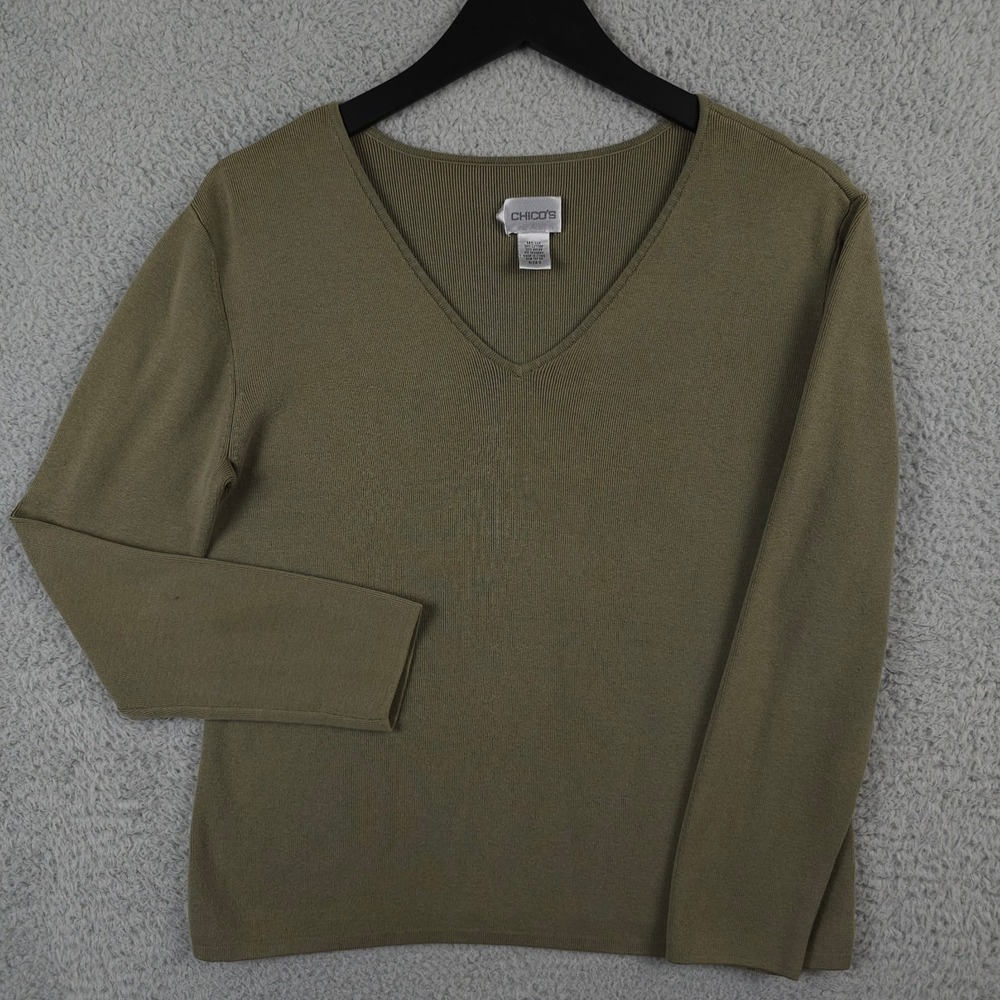 Chicos Sweater Womens‎ 0 US Small Green Ribbed V Neck Silk Blend Pullover FLAW